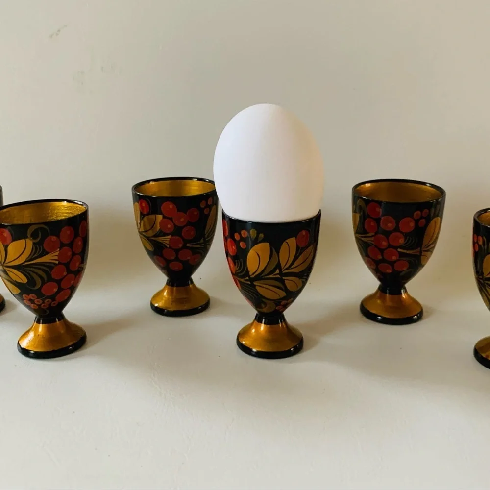Vintage Hand Painted Wooden Egg Holders Set  6
